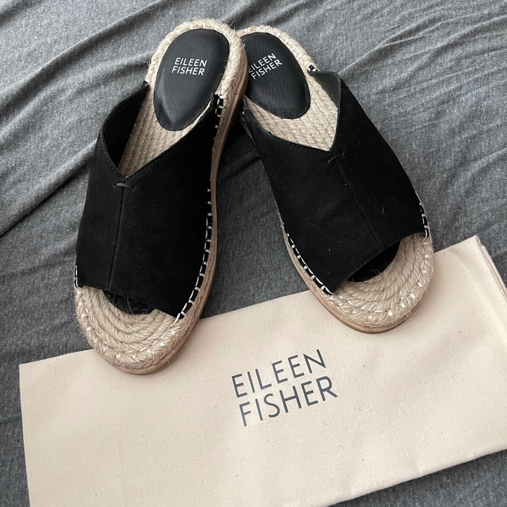 NEW Eileen Fisher Milly Tumbled Nubuck Espadrille Black Slide Sandal Size 7.5
